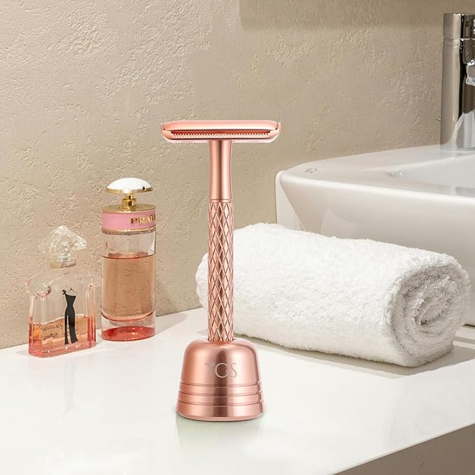 Double Edge Safety Razor for Women Rose Gold with Stand and Silicone Cover - Durable Metal Eco-Friendly Single Blade Safety Razor with 10 Blades- Closed Smooth Shave