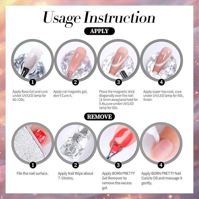 Born Pretty Magnetic Gel Nail Polish,Glitter Magnetic Gel Polish Shimmer Auroras Magnetic Gel Nail Art Manicure Kit 6PCS