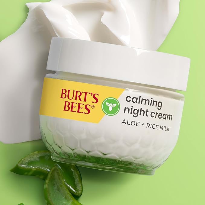 Burt's Bees Calming Night Cream, With Aloe and Rice Milk, Face Moisturizer For Sensitive Skin Infuses Skin With Moisture While You Sleep, 98.8 Percent Natural Origin, 1.8 oz. Tub