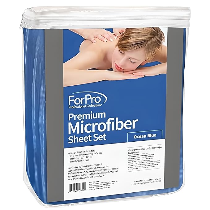 ForPro Professional Collection Premium Microfiber 3-Piece Massage Sheet Set, Ocean Blue, Ultra-Light, Stain, and Wrinkle-Resistant, Includes Flat, Fitted Sheet and Massage Face Rest Cover