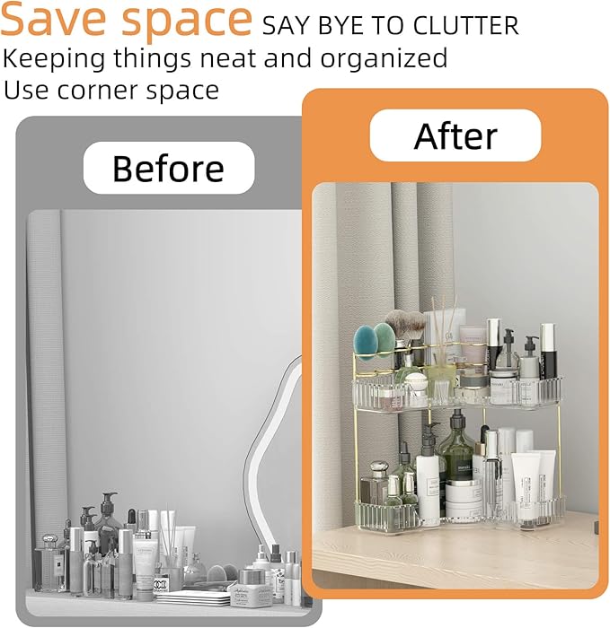 Makeup Organizer Countertop 2 Tier, Corner Bathroom Countertop Organizer with Toothbrush and Makeup Brush Holder, Corner Vanity Tray for Skincare Organization