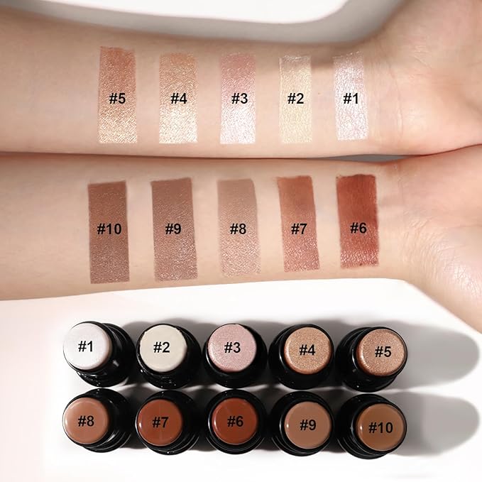 2Pcs Cream Contour Stick Makeup Kit, Cream Highlighter Stick and Bronzer Contour Stick with Longwear Waterproof Formula for Brightening and Trimming the Cheeks, Makeup Brush Include (#05, 10)