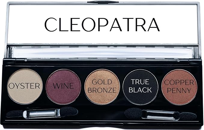 Cleopatra Shimmer White, Purple Burgundy, Gold Bronze, Black and Copper Penny Vegan Eyeshadow Palette; Talc, Paraben & Cruelty Free