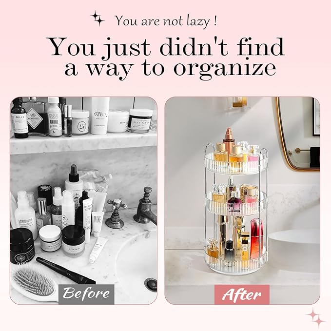 360° Rotating Makeup Organizer for Vanity, Spinning Cosmetics Organizer Holder Rack, Large Capacity Bathroom Organizer Countertop, Fits Perfume, SkinCare, Makeup Brushes 3 Tiers, Transparent