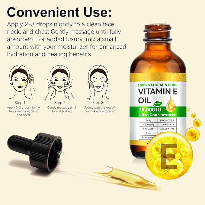 Natural Vitamin E Oil for Skin, 75,000 IU Ultra Concentrated Vitamin E Oil for Face, Hair and Scars, Moisturizing Dry Skin Oils, Promotes Skin Elasticity, 2Fl Oz