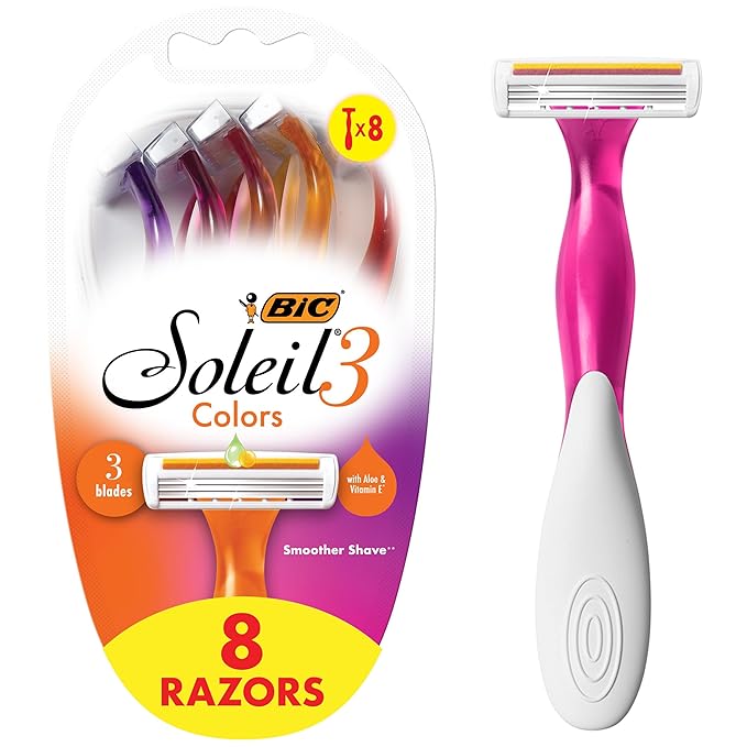 BIC Soleil Smooth Colors Women's Disposable Razors With Aloe Vera and Vitamin E Lubricating Strip for Enhanced Glide, With 3 Blades, 8 Count