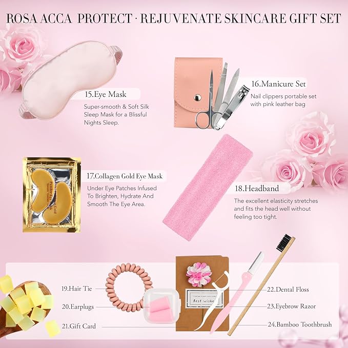 Mother's Day Gift, Spa Gifts 28pcs Rose Facial Skin Care Set for Women, Face Cream, Bath Oil, Serum, Shower Accessories - Bath and Body & Facial Kit - Birthday, Christmas, Valentine's, Bridal Shower