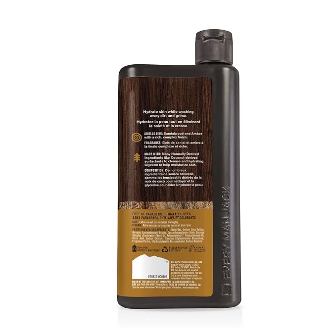 Every Man Jack Amber+Sandalwood Hydrating Mens Body Wash for All Skin Types-Cleanse, Nourish, and Hydrate Skin with Naturally Derived Ingredients-Paraben Free, Phthalate Free, Dye Free-24oz(Pack of 2)