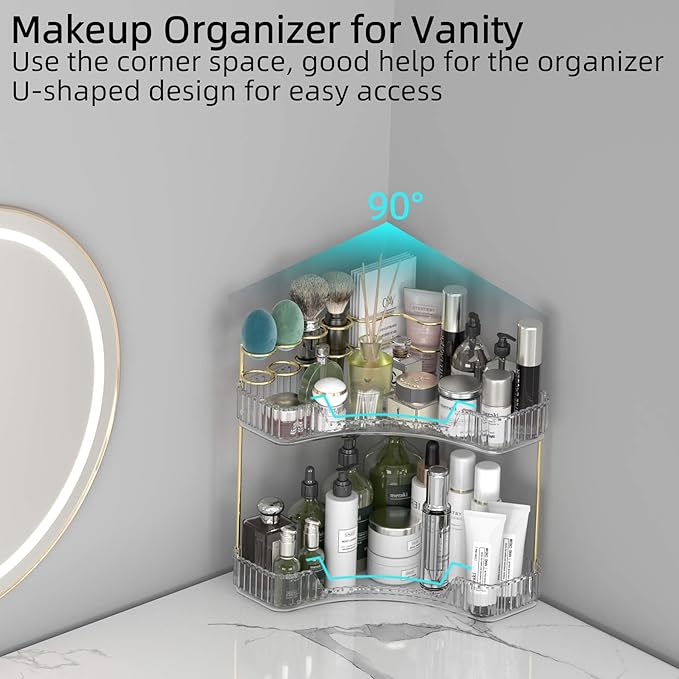 Makeup Organizer Countertop 2 Tier, Corner Bathroom Countertop Organizer with Toothbrush and Makeup Brush Holder, Corner Vanity Tray for Skincare Organization