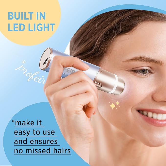 Facial Hair Removal for Women: Electric Hair Removal Device - Rechargeable Painless Face Razor for Chin Upper Lip Peach Fuzz with Light (Blue Gold)