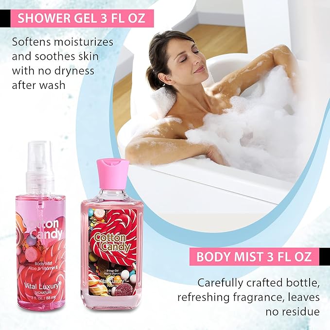 Cotton Candy Bath & Body Kit, 3 Fl Oz, Ideal Skincare Gift Home Spa Set, Includes Body Lotion, Shower Gel, Body Cream, and Fragrance Mist, Birthday Mother's Day Gifts