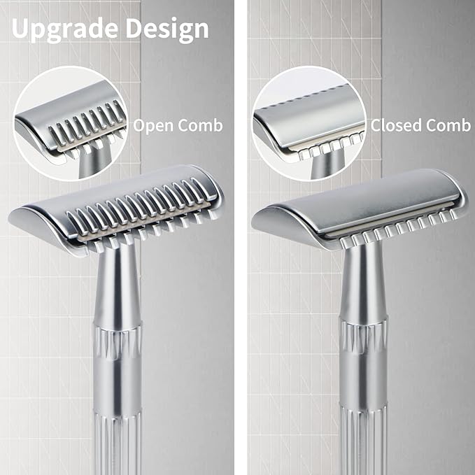 Matte Silver Double Edge Safety Razor, Single Blade Razors for Men and Women, with 10 Stainless Steel Safety Razor Blades, Reusable, Smooth and Close Wet Shaving Kit, Plastic Free