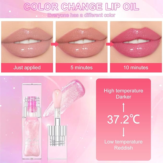 Color Changing Lip Oil, Temperature Color Change Lip Gloss, Transparent Plumping Lip Oil, Non Sticky, Lightweight, Shiny Lip Tint Oil for Lip Care (#06 Clear to Pink Without Glitter)