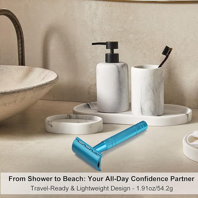 Double Edge Safety Razor, Single Blade Razors for Men and Women, with 10 Stainless Steel Safety Razor Blades, Smooth and Close Wet Shaving, Plastic Free, Blue