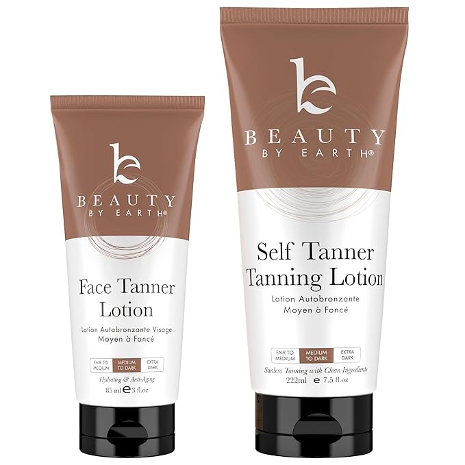 Self Tanner Face & Body - With Organic Aloe Vera & Shea Butter, Sunless Tanning Lotion, Bronzer Buildable Light, Medium or Dark Tan, Fake Tan Self Tanners Best Sellers, 7.5oz (body) 3oz (face)