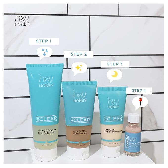 Hey Honey Skincare Be Clear Acne Routine | Daily Active Cleansing Face Wash | Youth & Young Adults, Blemishes Prone | Propolis & Gentle Exfoliating Acids | Fast & Long Lasting Oil Control | 5 fl oz