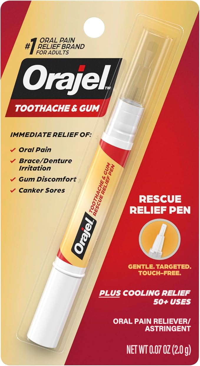 Orajel Rescue Relief Pen with Menthol Cooling Gel for Instant Pain Relief of Tooth & Gum, Canker Sores, Braces and Denture Irritation, Touch-Free Silicone Applicator, 0.07 oz