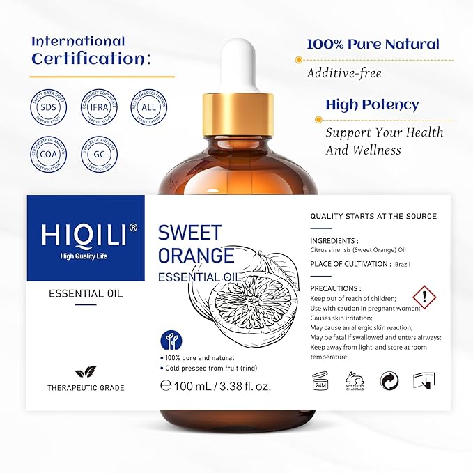 HIQILI 100ML Orange Essential Oil for Air Freshener, DIY Soap, Skin Care, Can be Added to Diffusers, Dryer Balls, Lotions for Use - 3.38 Fl Oz