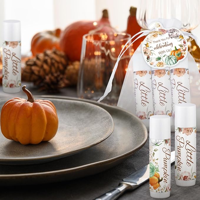 Demissle 50 Pcs Baby Shower Lip Balm Gift Set with 100 Pcs Organza Bags Baby Shower Party Favor for Guest Thank You Tag Rope Baby Shower Party Decoration Gender Reveal Souvenirs (Pumpkin and Flowers)