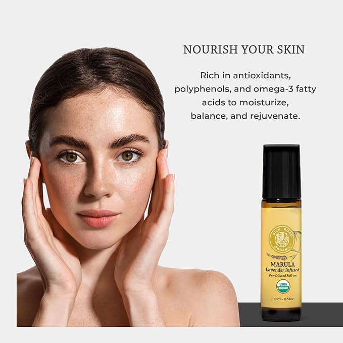 Silk Road Organic Marula Seed & Lavender Essential Oil, 100% Pure USDA Certified Aromatherapy, Deep Hydration for Face, Body, Lips, Hair, Nails - 10 ml Roller by Silk Road Organic