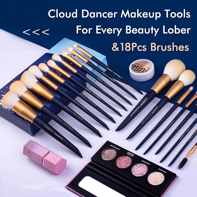 LORYP Makeup Brushes Set Labeled 18 Piece Face and Eye Brush Set Ultra soft hair Foundation, Concealer, Blush, Contour, Blending, Eyeshadow Blue Brush kit