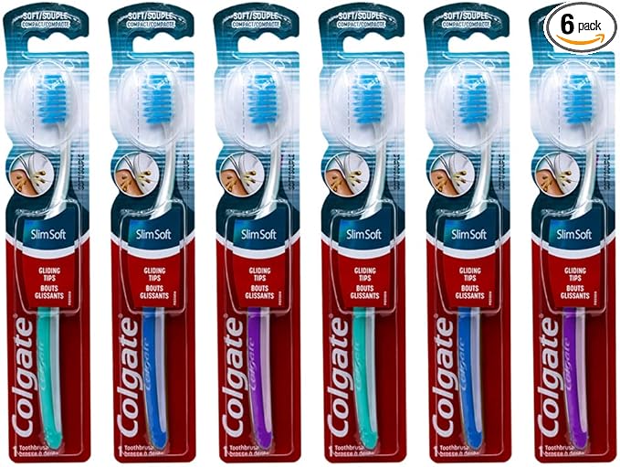 Colgate Slim Soft Toothbrush, Gliding Tips, Compact Soft (Colors Vary) - Pack of 6