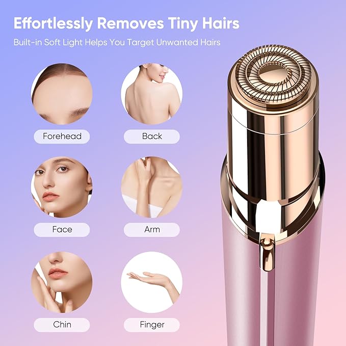 Facial Hair Removal for Women- as Seen on TV Painless Face Shaver -Painless Womens Facial Hair Remover with 2 Replacement Heads, Lipstick-Sized, USB Rechargeable（Rose Gold）