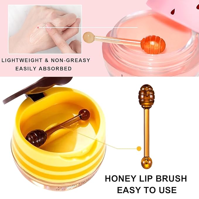3Pcs Lip Balm Honey Pot with Stick, Honey Strawberry Apple Moisturizing and Hydrating Sleeping Lip Mask, Day and Night Repair and Care, Improve Lip Color, Reduce Lip Lines (SET A)