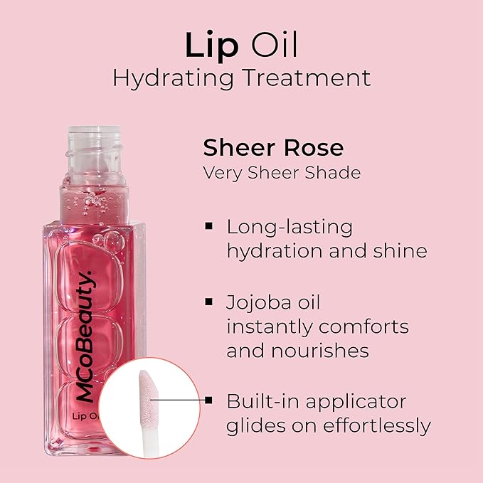 MCoBeauty Lip Oil Hydrating Treatment, Sheer Rose, Moisturizing Shine for Naturally Beautiful Lips, Vegan, Cruelty Free Cosmetics