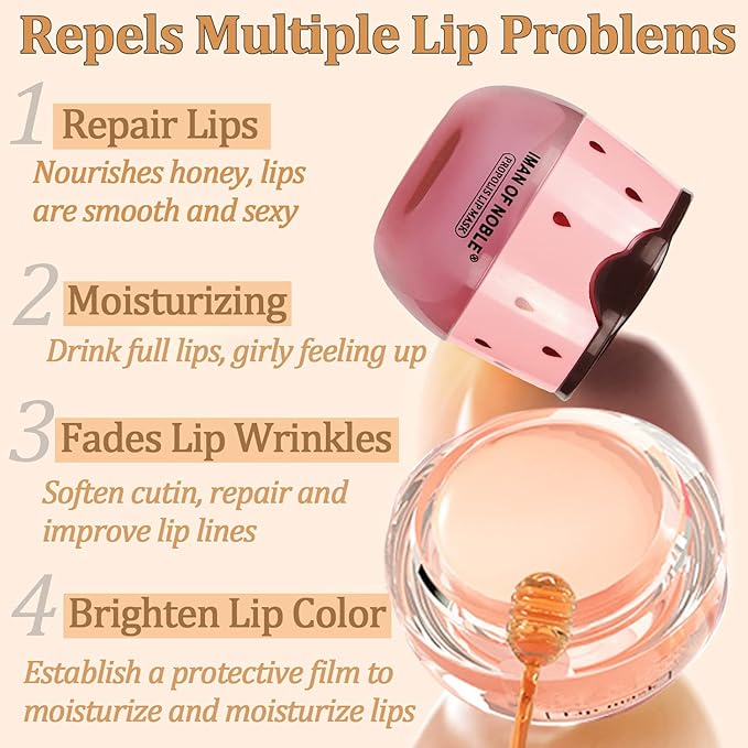 2PCS Strawberry Sleeping Lip Mask,Bee Lip Balm Lip Mask Honey Pot Propolis Moisturizing Lip Balm with Stick,Plumping Lip Hydrating Prevention Dry & Cracked Lip Scrubs Exfoliato Lip Wrinkle Care