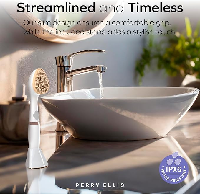 Perry Ellis 3-in-1 Beauty Brush with Silicone Face Cleanser, Makeup Applicator, and Metallic Eye-Massaging Plate, IPX6 Water-Resistant Electric Skincare Accessory with 3 Vibrating Modes and Stand