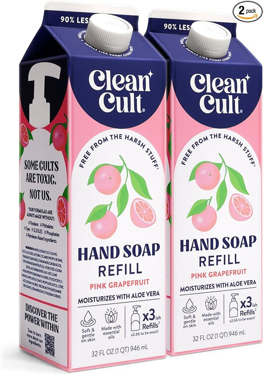 Cleancult Liquid Hand Soap Refill - Pink Grapefruit- Moisturizes Dry & Sensitive Skin - Made with Aloe Vera & Essential Oils - Eco Friendly - Paper-Based Packaging - 32 oz/2 Pack