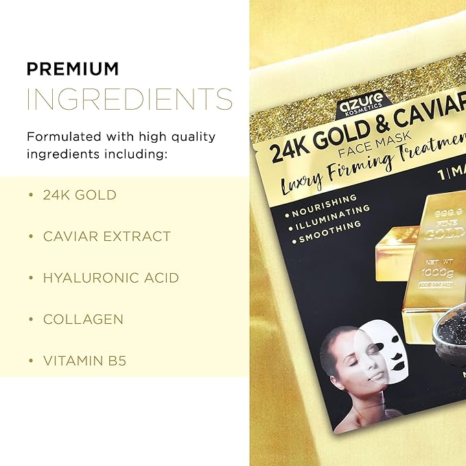 AZURE 24K Gold and Caviar Anti Aging Luxury Face Mask - Hydrating & Firming Facial Mask - Helps Reduce Wrinkles & Fine Lines with Hyaluronic Acid & Collagen - Skin Care Made in Korea - Pack of 10