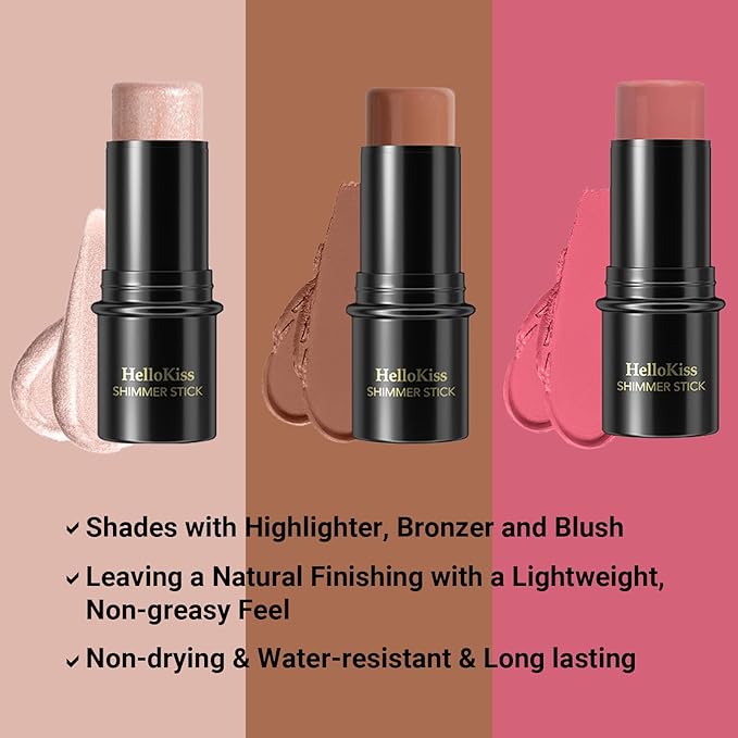 3Pcs Cream Contour Stick, with Highlighter Stick Bronzer Stick Blush Stick, Face Contour Stick Highlighter Makeup with Makeup Brush and Sponge for Sculpt the Cheeks, Long Lasting, Waterproof