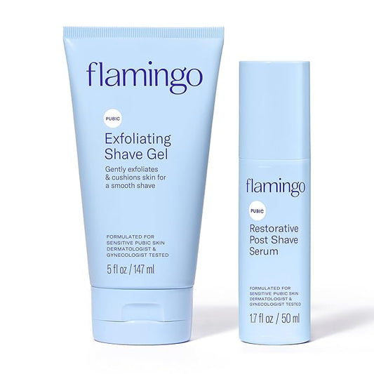 Flamingo Pubic Hair Shaving Skin Care Set, Exfoliating Shaving Gel for Women 5 fl oz with Restorative Post Shave Serum 1.7 fl oz