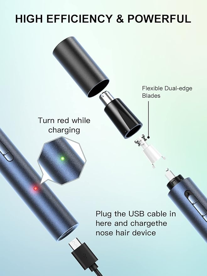 AHHFEI Nose & Ear Hair Trimmer, 5 in 1 Rechargeable USB Trimmer for Men & Women, Painless & Easy Cleansing, Blue