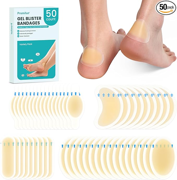 Blister Bandages Blister Pads - 50 ct Blister Cushions - Water Resistant Hydrocolloid Bandages for Foot, Toe, Heel - Gel Blister Bandages for Prevention & Recovery, Variety Pack