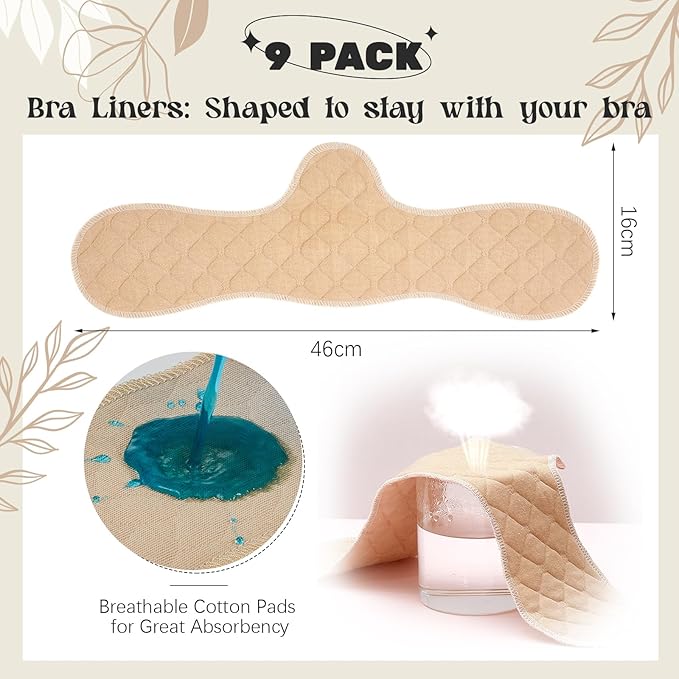 Boyiee 9 Pcs Cotton Bra Liners 3 Layer Reusable Washable Under Breast Sweat Absorber Pads for Woman