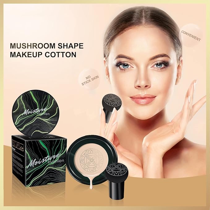 Mushroom Head Air Cushion CC Cream, Long-Lasting Brightening BB Cream Foundation With Powder Puff for Face Makeup and Mature Skin, Moisturizing Full Coverage Self Adjusting Concealer (Natural)
