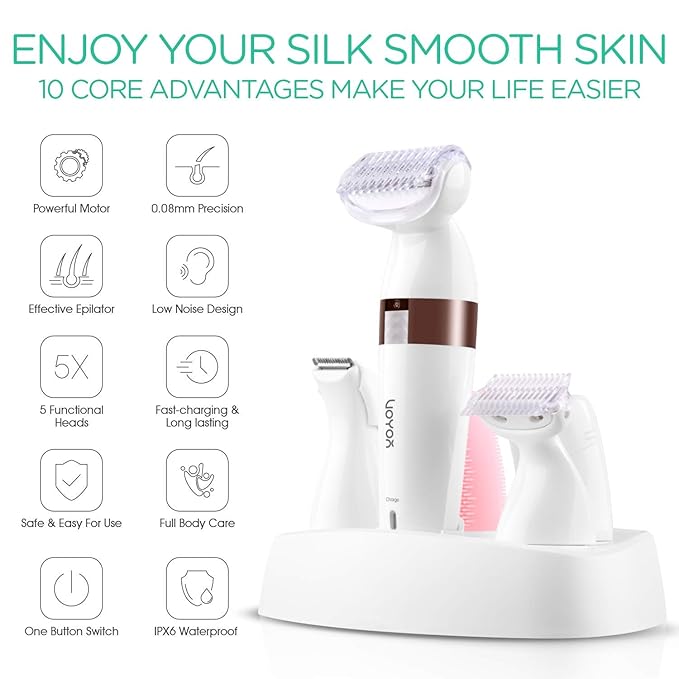 VOYOR Electric Shaver for Women Bikini Trimmer Hair Remover for Face Body, 5 in 1 Groomer Kit Lady Shaver Bikini Razor Women for Hair Trimmer, Cordless Rechargeable Waterproof ES500