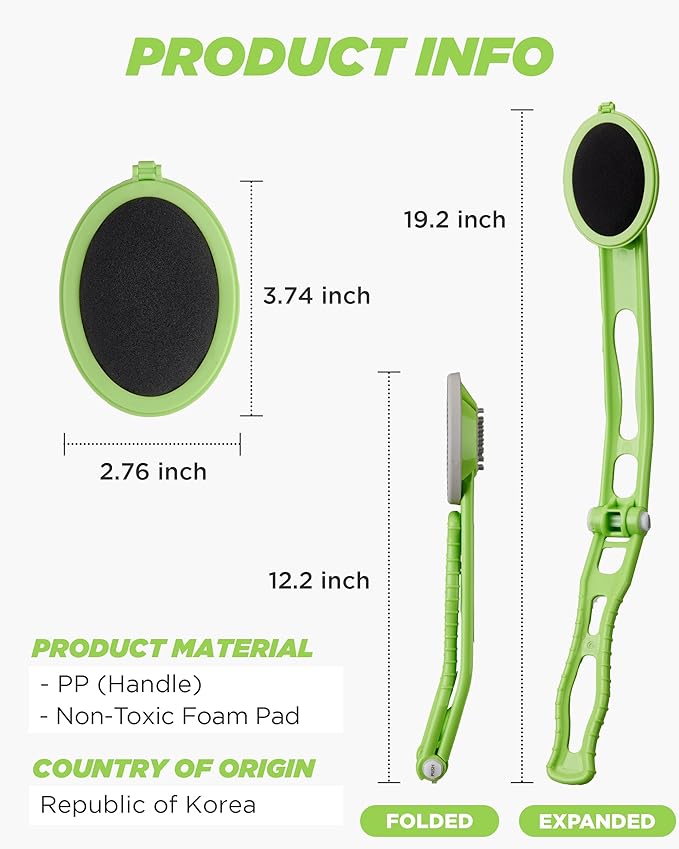Body Oil Applicator (2nd gen) - 19" Foldable Long Curved Handle, with Replaceable Brush Head, Spill Prevention Non-Toxic Washable Foam Pad – Perfect for Tanning and Body Oils, Includes 2 Pads