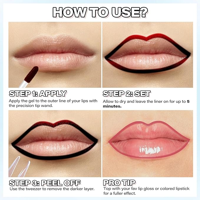 Cilrofelr Peel Off Lip Liner Stain, Long Wear Tattoo Lip Liner with Tweezer, Peel Off Lip Stain with Matte Finish, Long Lasting, Waterproof, Transfer-proof, Highly Pigmented Color (Rose)