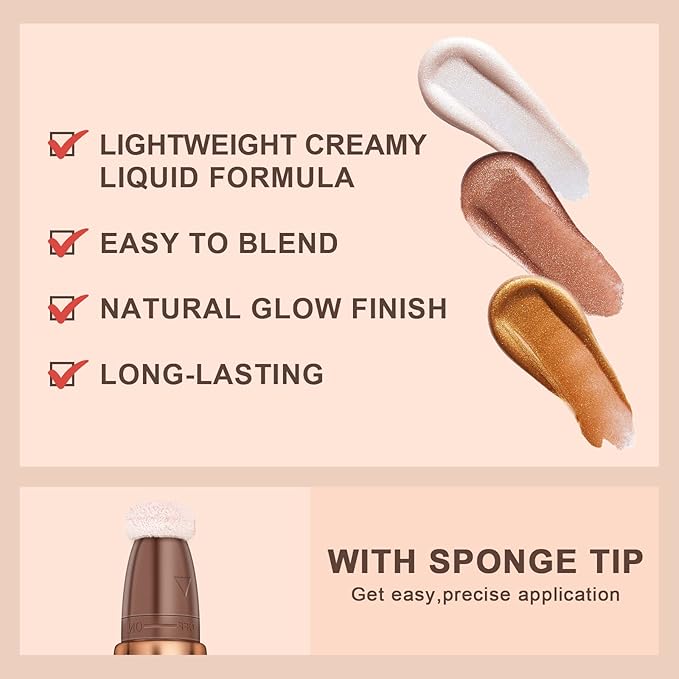 Mysense Liquid Highlighter Beauty Wand,Highlight Bronzer Stick with Sponge Tip,Silky Cream Glowing Face Highlighter Shimmer Finish,Lightweight Face Illuminator Makeup,#04 Highlighter-Pearl White