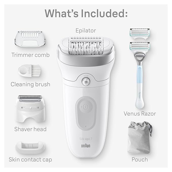 Braun Silk-épil 7 Epilator, Wet and Dry, Wide Head, Includes Venus Intimate Razor, Shaver Head and Trimmer Comb, SE7-141