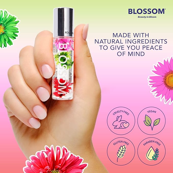 Blossom Roll on Lip Gloss, Scented Clear High Shine Moisturizing Lip Oil, Non Sticky, Infused with Real Flowers, Made in USA, 0.2oz, Watermelon