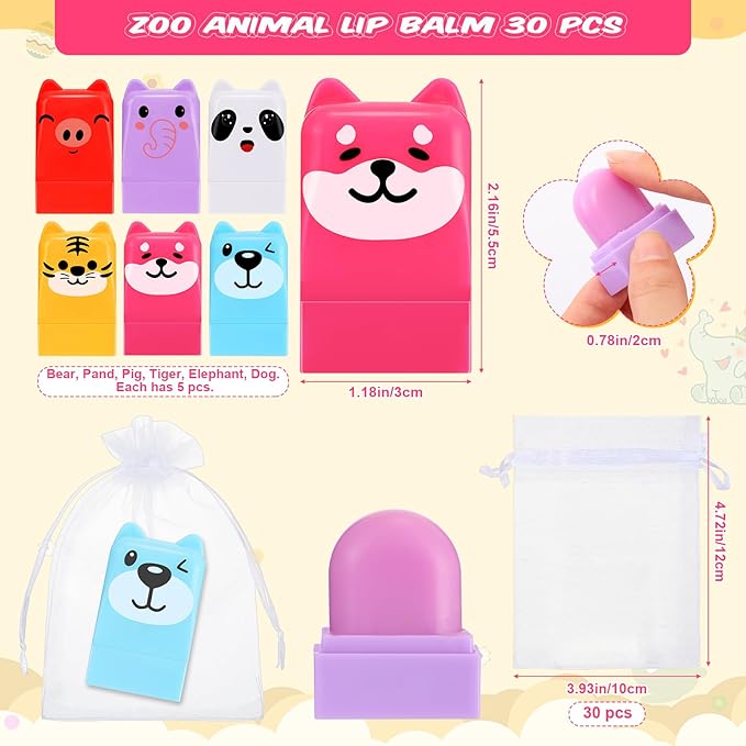 30 Sets Wild Animal Birthday Lip Balm Gifts Bulk Baby Shower Prizes Gift Girl Birthday Lip Balm Jungle Animal Party Favors for Preschool Toddler Boy Girl Classroom Prizes Classroom Prizes