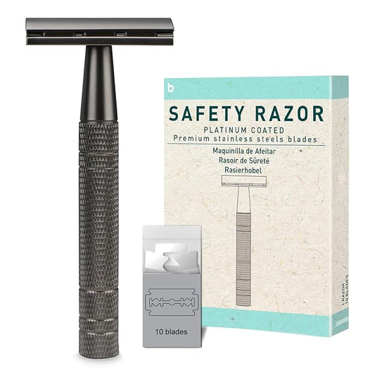 Matte Gun Black Double Edge Safety Razor, Single Blade Razors for Men and Women, with 10 Stainless Steel Safety Razor Blades, Reusable, Eco-friendly, Smooth and Close Shaving, Plastic Free