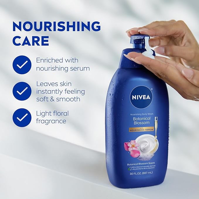 NIVEA Nourishing Botanical Blossom Body Wash with Nourishing Serum, Moisturizing Body Wash for Women, Enriched with Provitamin B5 and Vitamin E, 30 Fl Oz Bottle
