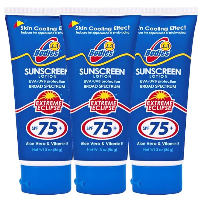 Sunscreen Moisturizing Face & Body Lotion (SPF 75) w/Aloe Vera for Cooling Sensation | LA BODIES | For Acne Prone Skin | Quick Absorption | UVA UVB Protection Sunblock | 3oz | 3 Pack