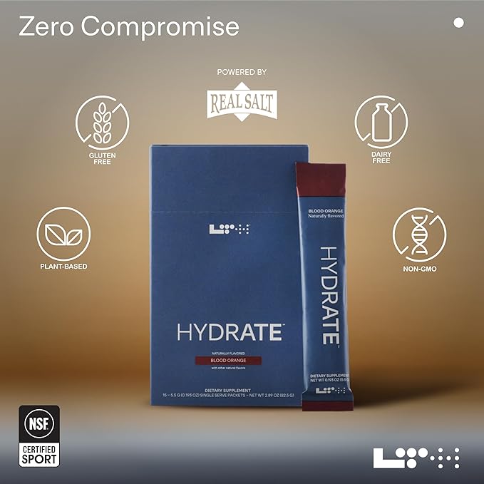 LTH Hydrate Hydration Mix - Trusted by Life Time Fitness Members - NSF Certified for Sport - Electrolyte Powder - Plant-Based, Non-GMO, Gluten Free - 15 Single-Serve Packets (Blood Orange) - 2-Pack